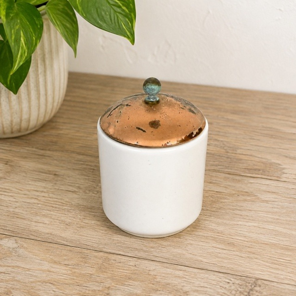 Vintage‎ White Ceramic Mini Canister Copper Lid Rustic Farmhouse Decor